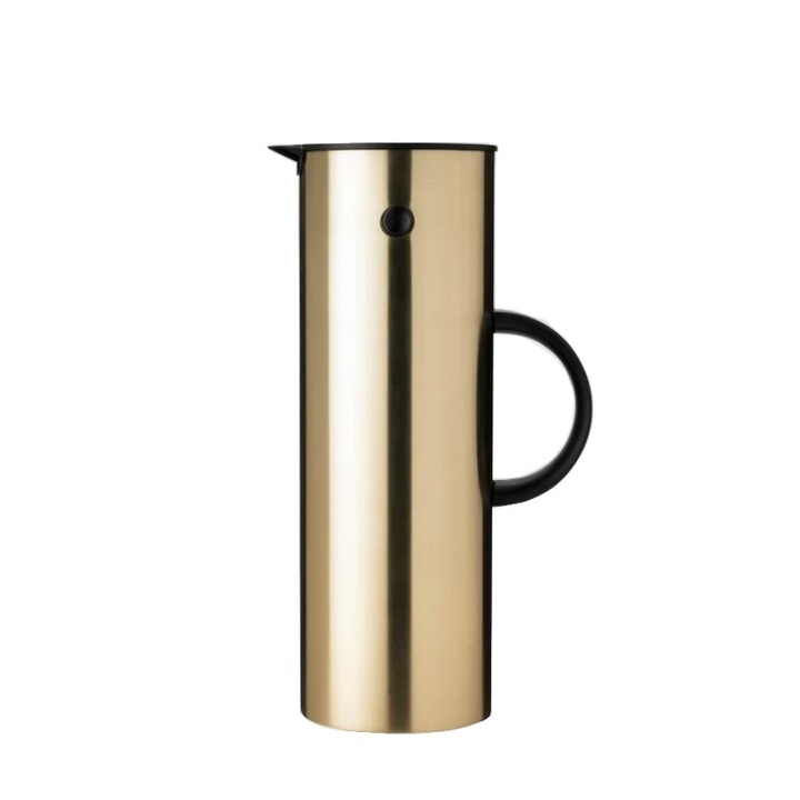 Termos tip carafa Stelton, EM77, capacitate 1 litru, maner ergonomic, invelis interios din sticla cu pereti dubli, capac anti-picurare, usor de curatat, usor de transportat, design scandinav, auriu