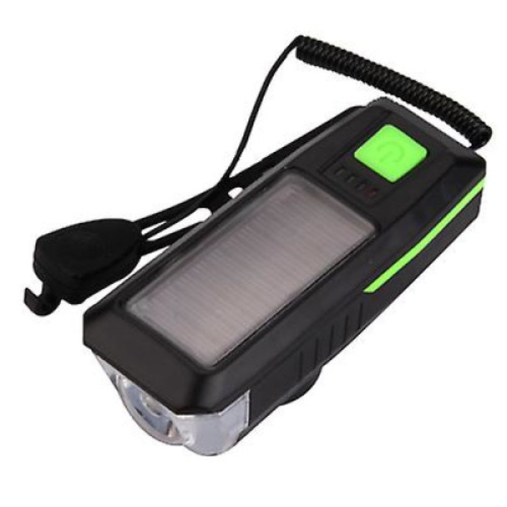 LED projektor fényszóró kürttel és napelemes töltéssel kerékpárhoz vagy robogóhoz, belső akkumulátor, napelem, USB töltés, akkumulátorjelző, időjárásálló, zöld