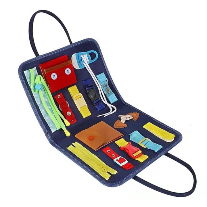 Geanta tip carte senzoriala pentru copii 1-6 ani, din fetru, cu 15 activitati, 36 litere si cifre cu velcro, 45x28 cm