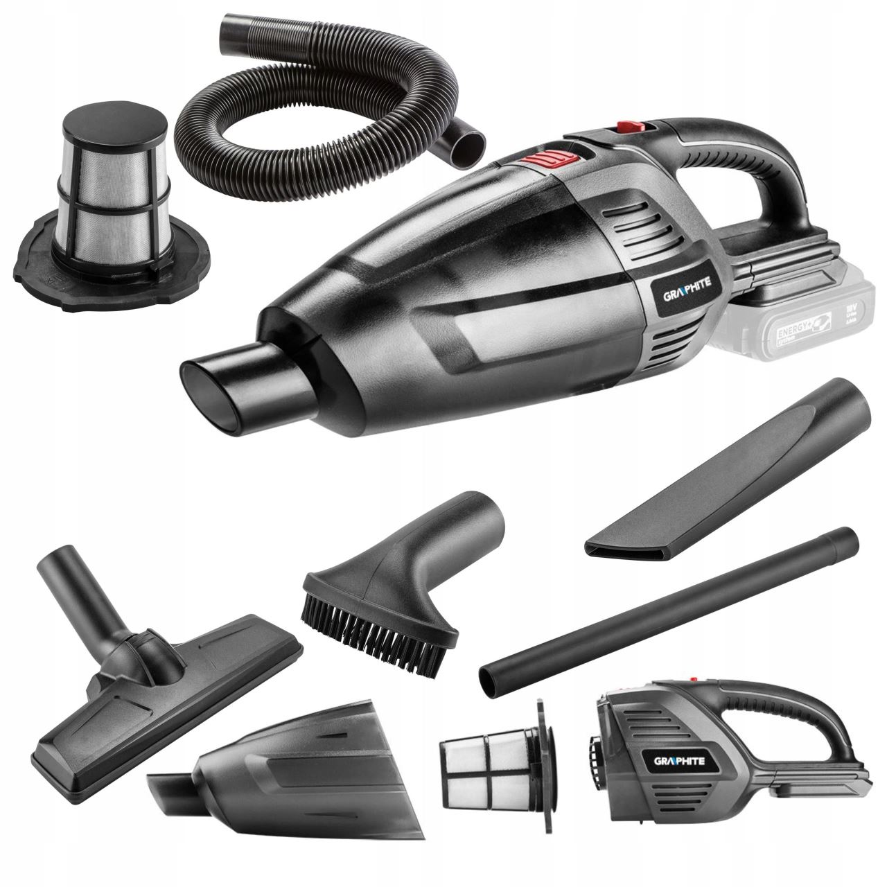 Aspirator portabil, 2 in 1, 18V Li-ion (acumulator neinclus), cu accesorii, filtru HEPA, Graphite Energy