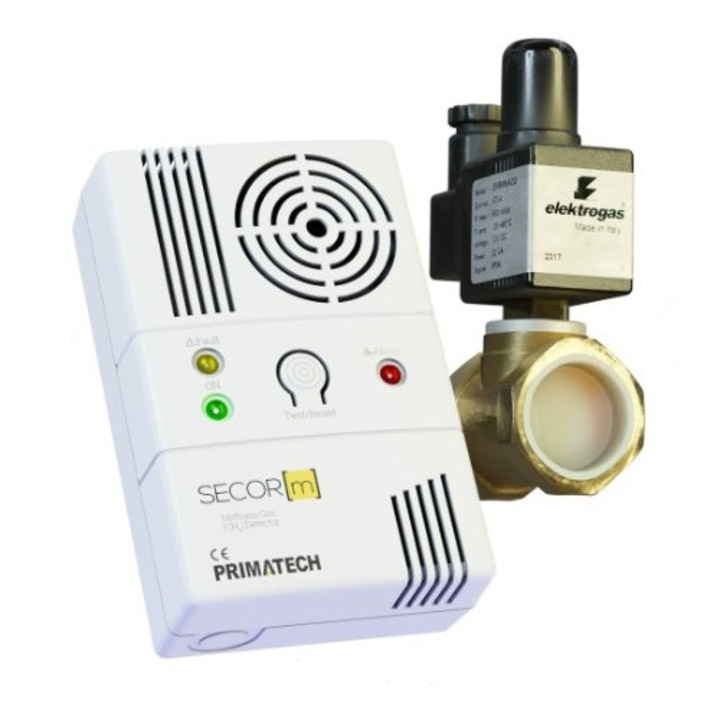 Detector de gaz metan Secor M cu electrovalva de alama de 3/4, alb