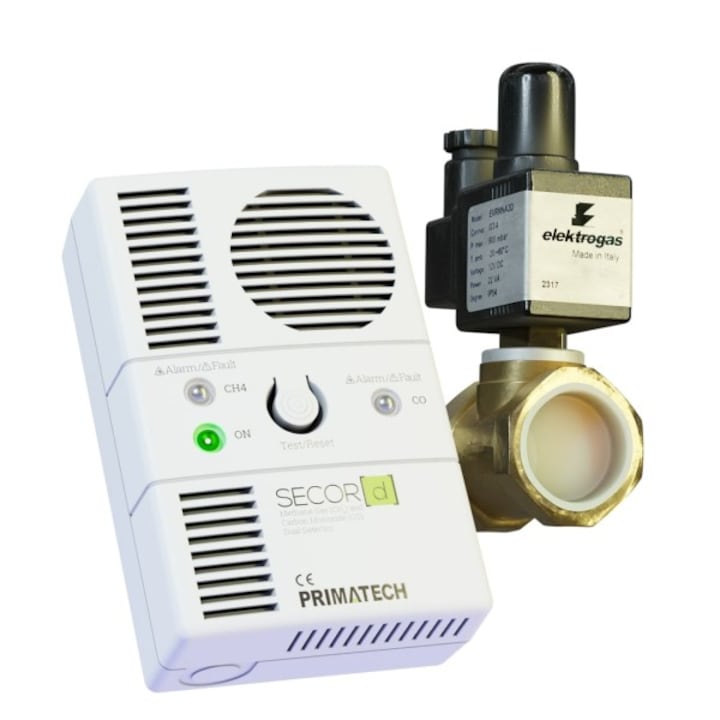 Detector de gaz metan si monoxid de carbon Secor D cu electrovalva de 3/4, alb