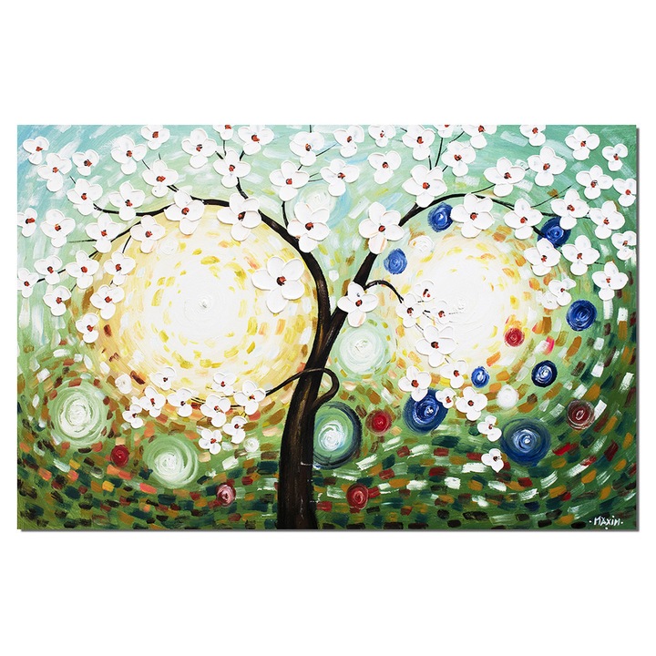Tablou gigant pictat manual living, dormitor, Copacul vietii cu flori albe, 150x100cm ulei pe panza in relief efect 3D