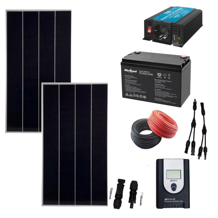 Kit sistem fotovoltaic complet 340w off grid cu invertor 300w la 220v si Acumulator 12V 100 Ah Rebel Power