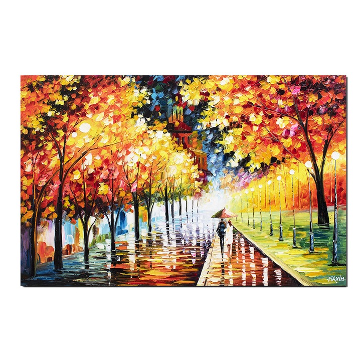 Tablou indragostiti gigant pictat manual, Eu si cu tine pe aleea cu felinare, 150x100cm ulei pe panza in cutit efect 3D