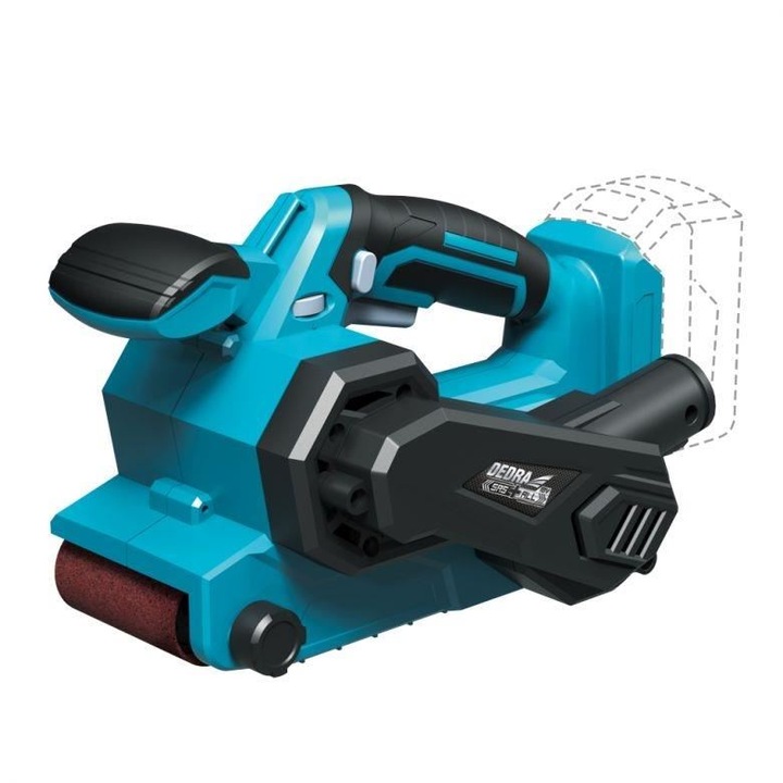 Masina de slefuit cu banda abraziva, 18V Li-ion, Dedra SAS+ALL, fara acumulator, 76x457 mm, pentru lemn, plastic, metal, viteza reglabila, maner ergonomic, pentru lucrari precise si eficiente