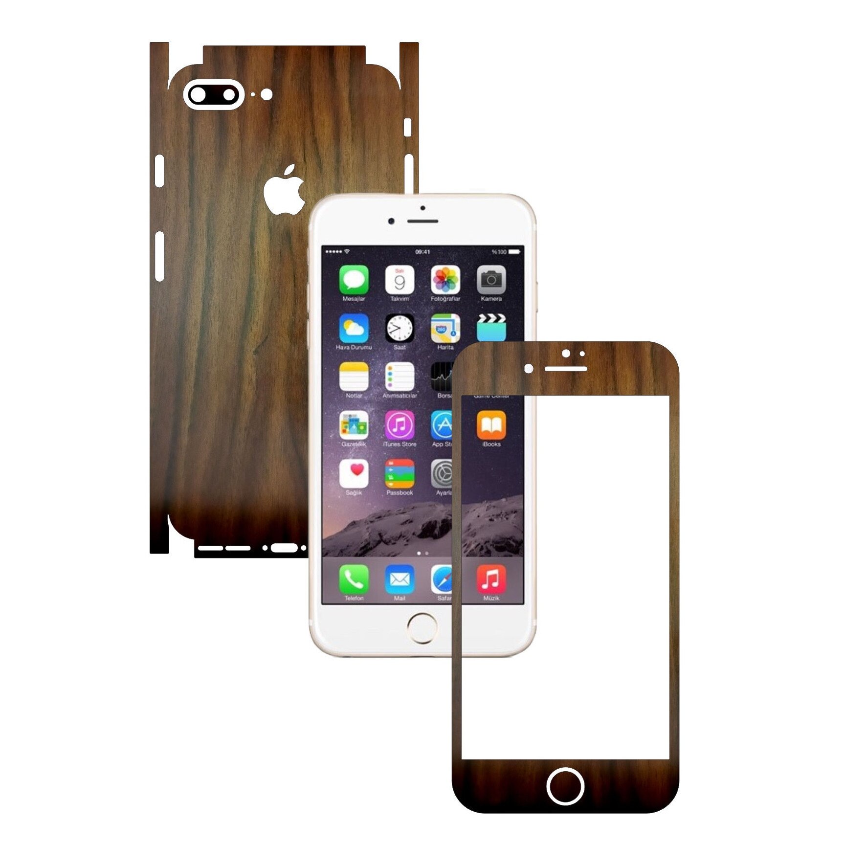 Apple iPhone 7 Plus - Folie Full Body Carbon Skinz,Husa tip Skin Protectie Totala, (Folie Rama Ecran + Folie Carcasa si Laterale),Lemn Nuc Inchis