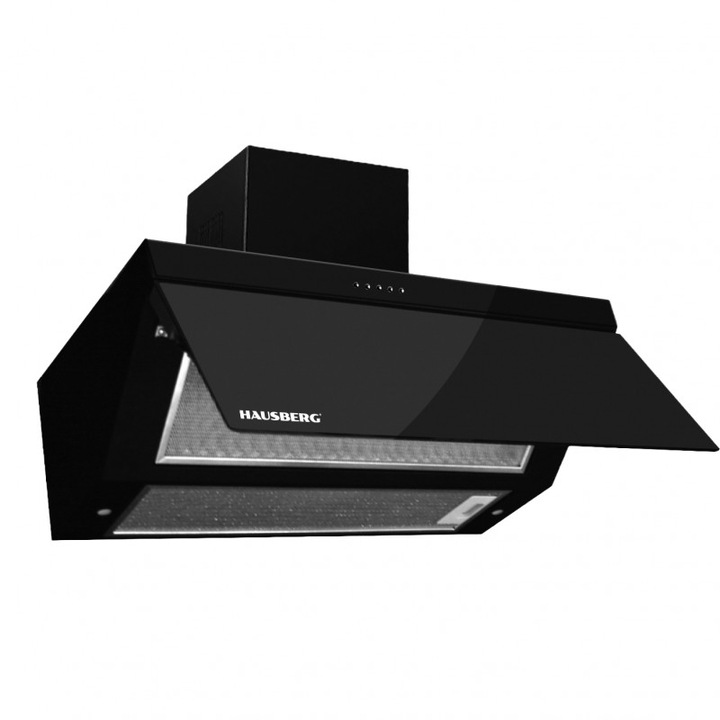 Абсорбатор Hausberg HB-1270NG, 190 W, 450 m3/h, Push бутони, Стъклен, Миещ се алуминиев филтър, Черен