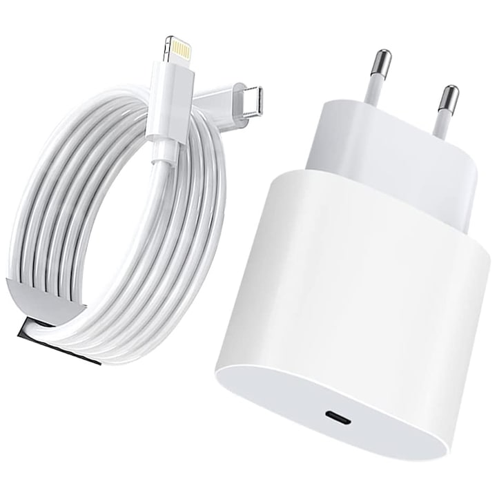 Зарядно и кабел за iPhone Zenino - Бързо зареждане 20W, Lightning, Type-C, Съвместимо с Apple, Бяло