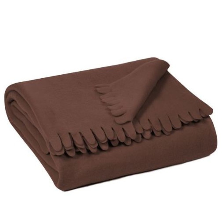 Декоративно одеяло от полар, с ресни, гладко, кафяво, 131 х 170 см