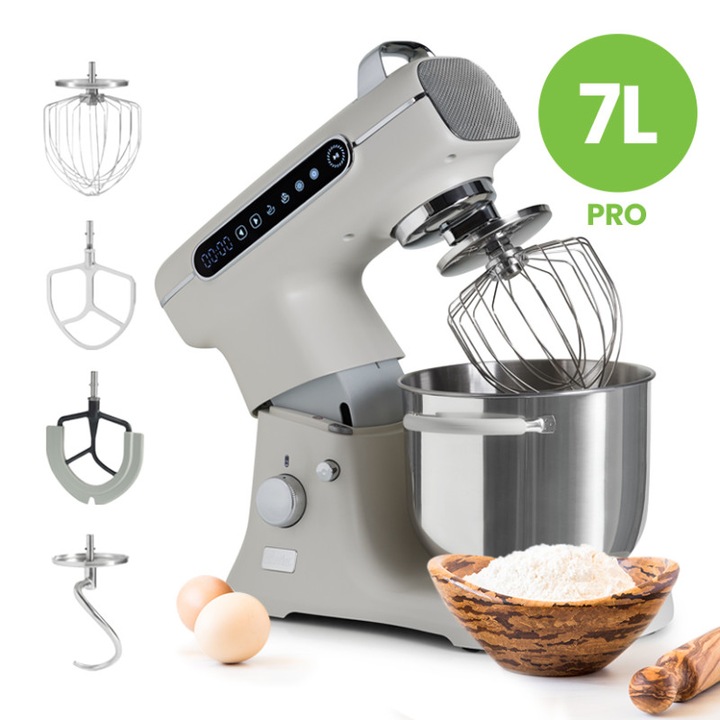 Mixer cu Bol Profesional, 7L din Inox, 1800W, 2.4 kg Aluat, Carcasa Aluminiu, Silentios, Biovita MB-1800-MAX PRO, Crem