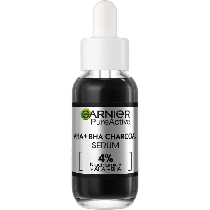 Garnier Pure Active Charcoal Bőrhibák elleni szérum AHA + BHA AKTÍV SZÉN, 30 ml