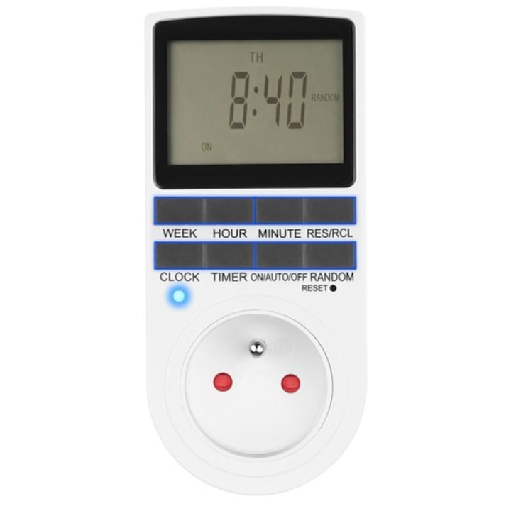 SmartPlug WTO® programozható aljzat, 16 A, gyermekvédelem, LCD kijelző, stopper, óra, időzítő, téli és nyári időszámítás, fehér