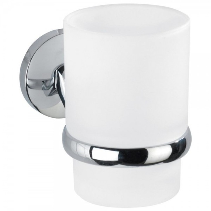 Pahar suport periute dinti cu prindere pe perete prin insurubare, 9,5x11,4x7 cm, argintiu si alb mat, Wenko Cuba