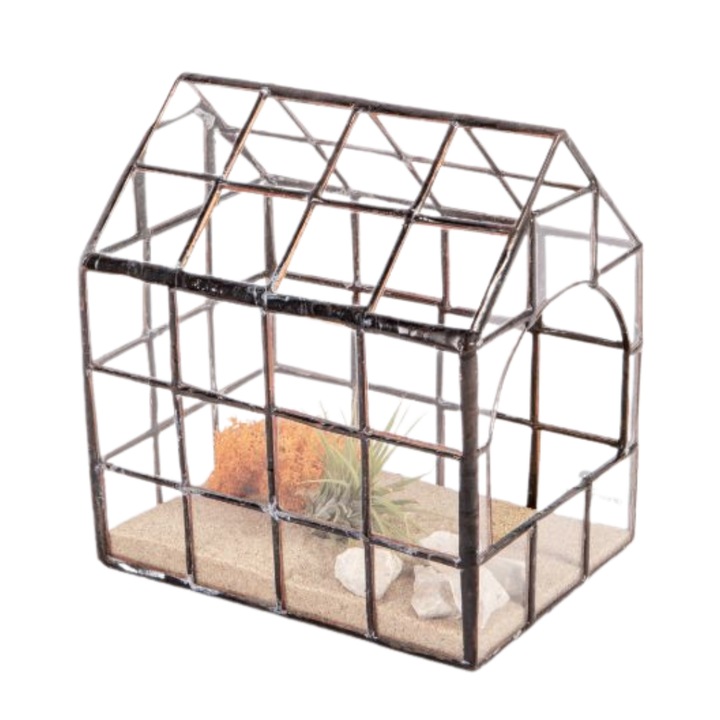 Terariu cu planta aeriana Greenarium, casuta mozaic mica, muhii cupru, 16cm x 12cm x 17cm