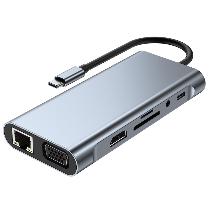 Докинг станция USBC, 11 в 1, 1x 1000Mbps Gigabit Ethernet порт, 1x 4k HDMI, 1x VGA порт, 3x USB3.0, 1x USB-C порт за данни, 1x PD TypeC порт, 1x слот за SD карта, 1x TF карта, 1 x 3,5 мм аудио/микрофон