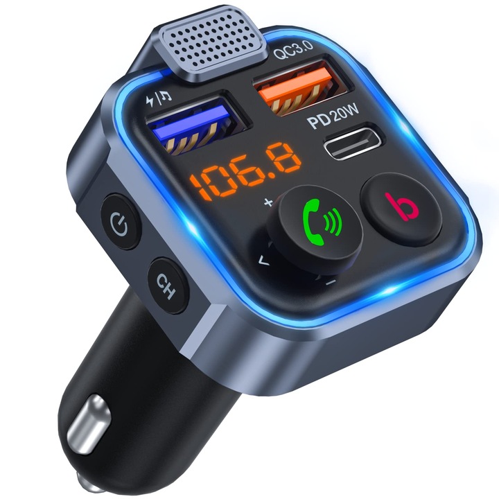 Adaptor transmitator FM in masina, set auto radio Bluetooth 5.0 fara fir, incarcator rapid USB tip C PD 20W+ QC3.0, apeluri hands-free, receptor pentru player Mp3, suport pentru bas Hi Fi, disc U BT23