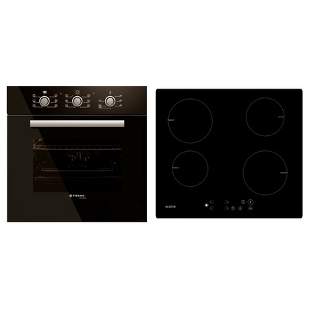 Pachet Pyramis ECOLINE Hibrid, cuptor 1007 si plita electrica mixta HO8240, Clasa A, Sticla neagra si Vitroceramica