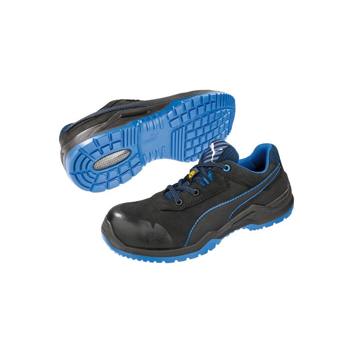 Puma biztonsági cipő, Nubuk bőr, S3 SRC ESD, Sport típusú, Szúrás elleni védelemmel, Fekete / Kék, 45