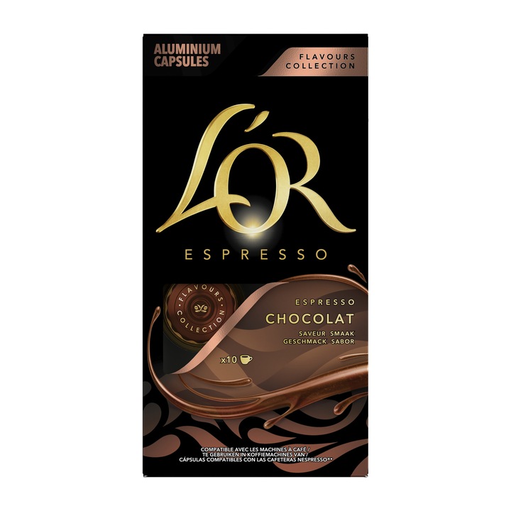 Кафе капсули L'OR Espresso Chocolat, 10 напитки х 40 мл, Съвместими със системата Nespresso®, 52 гр