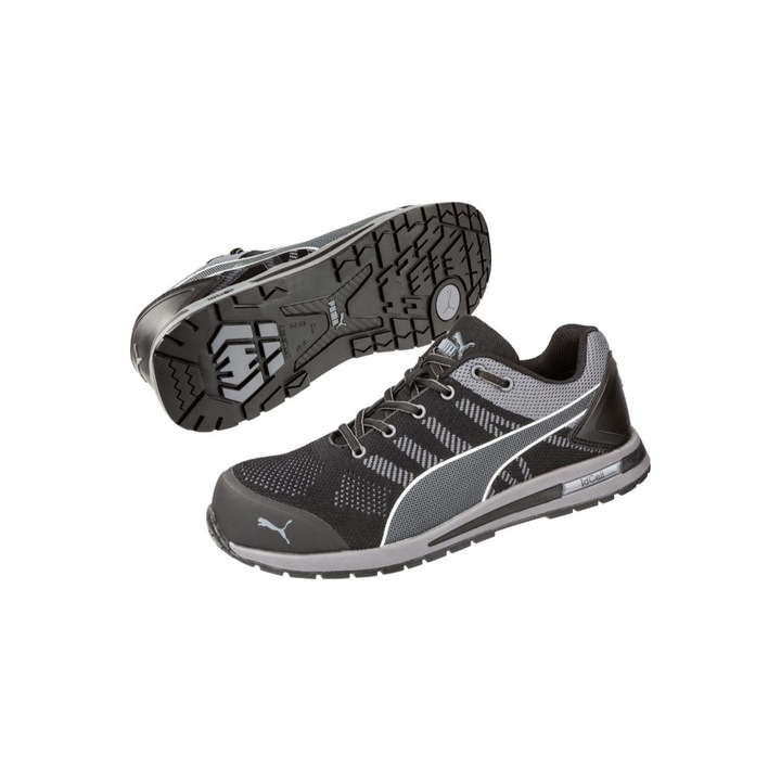 Pantofi de protectie Puma, Elevate Knit Black Low, Material textil, S1P, Rezistenta la perforare, Negru / Gri, 41