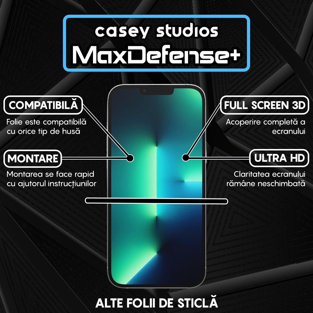 Folie Sticla CASEY STUDIOS™ compatibila cu iPhone 13 Pro Max, Full Cover 3D, Full Glue, Sticla Securizata, Duritate Militara, Ultra HD, Protectie Profesionala Ecran 3D, Anti Zgarieturi, Anti Socuri, Margini Negre