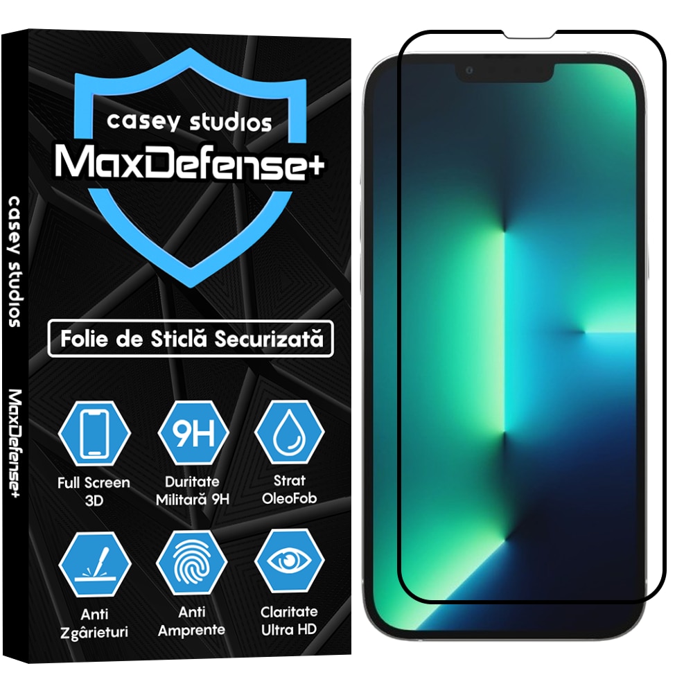 Folie Sticla CASEY STUDIOS™ compatibila cu iPhone 13 Pro Max, Full Cover 3D, Full Glue, Sticla Securizata, Duritate Militara, Ultra HD, Protectie Profesionala Ecran 3D, Anti Zgarieturi, Anti Socuri, Margini Negre