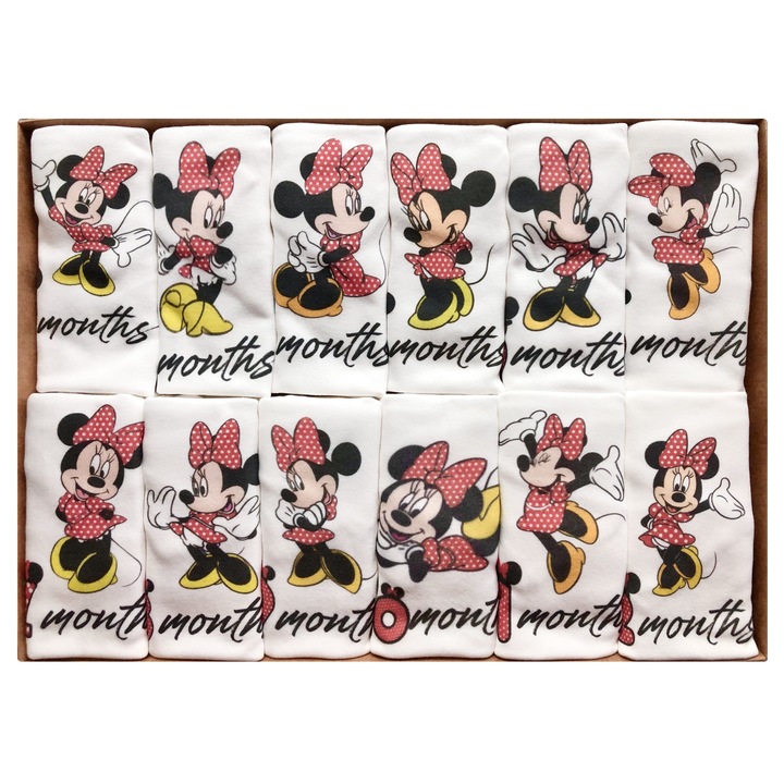 Set 12 Body-uri bebelusi/fete, BABYLAND by Pinky&Pinky model "Minnie Mouse", 100% Bumbac antialergic, Cadou botez, 1-12 luni, Multicolor