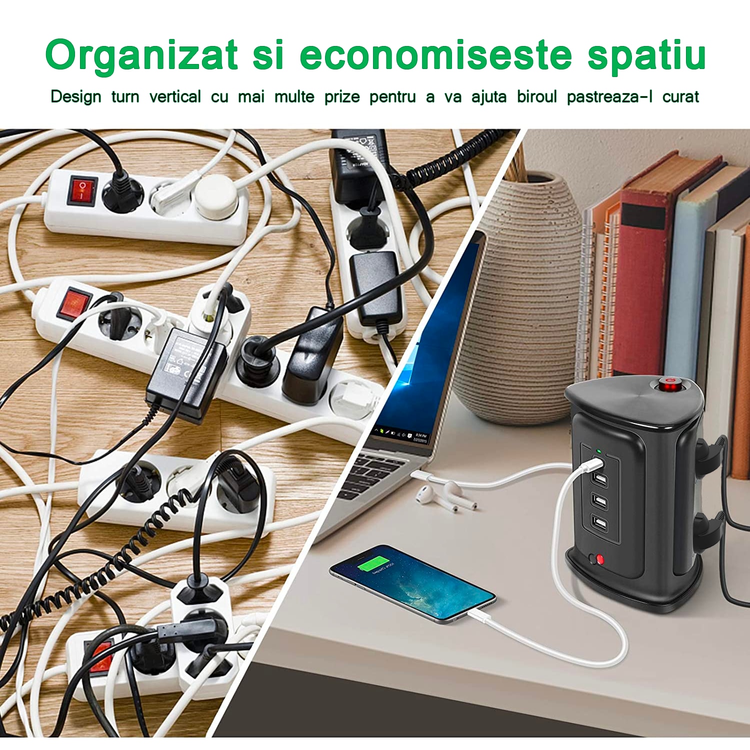 Удължител тип кула 4 USB / 4 гнезда, USB-C PD 18W бързо зареждане ...