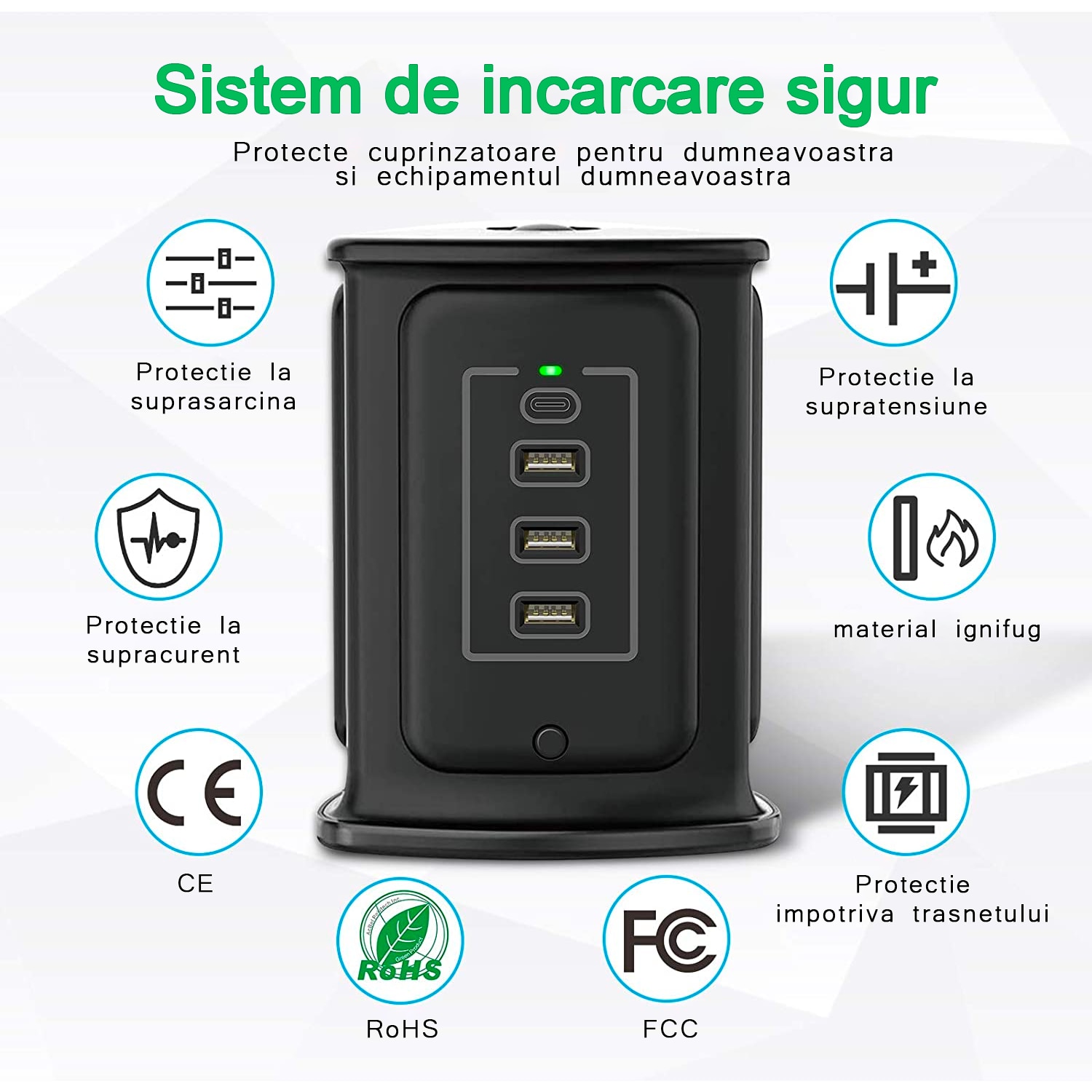 Удължител тип кула 4 USB / 4 гнезда, USB-C PD 18W бързо зареждане ...