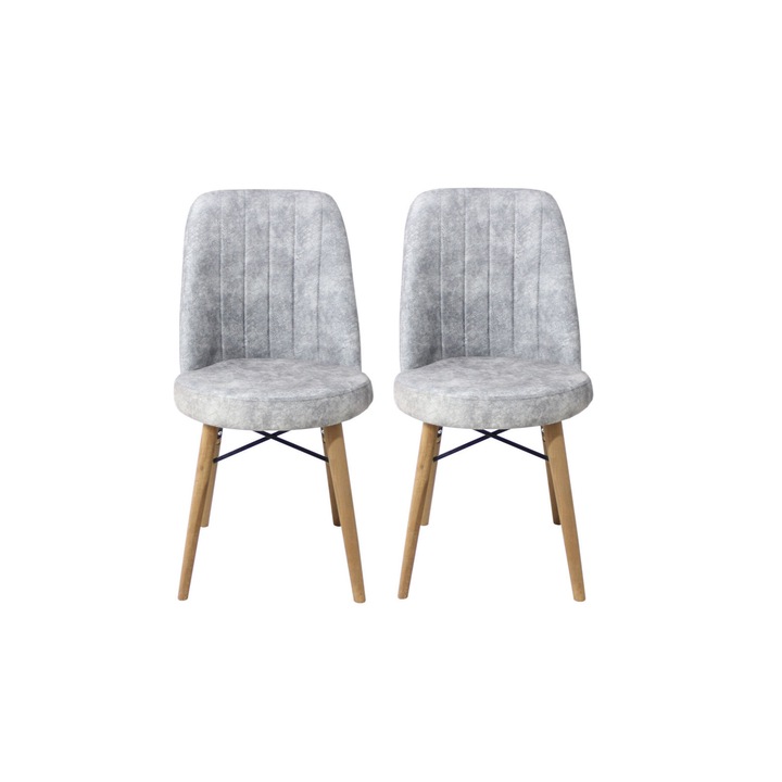 Set 2 scaune Apollo, cadru din metal, picioare de lemn, tapiterie din material textil, gri deschis, 90x46 cm