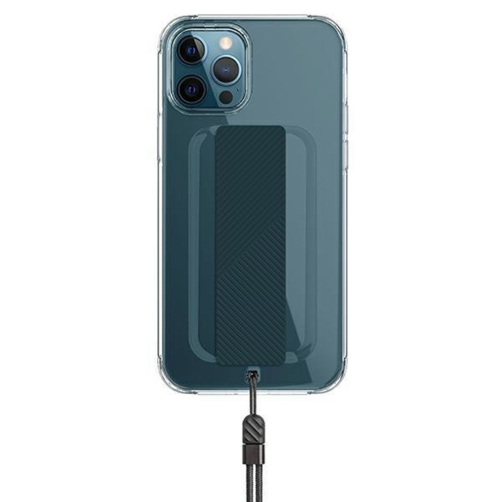 Apple iPhone 12 / 12 Pro Uniq Heldro Flexgrip szalagos antibakteriális telefontok csukópánttal, Átlátszó