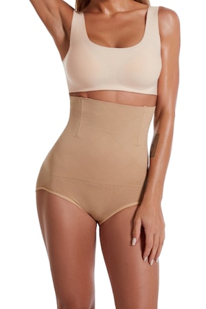 Lenjerie modelatoare cu burtiera tip corset cu talie inalta, efect de lifting al feselor, 4 tije flexibile pentru sustinere, zenifique, bej, marime XL-XXL