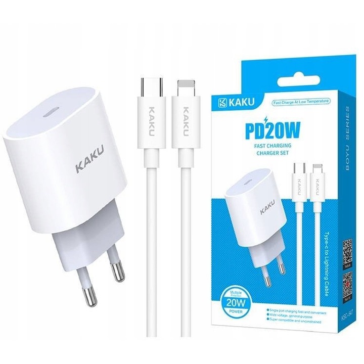 KakuSiga fali töltő, 20 W, Apple kompatibilis, USB-C-Lightning kábel, 1 m, műanyag, fehér