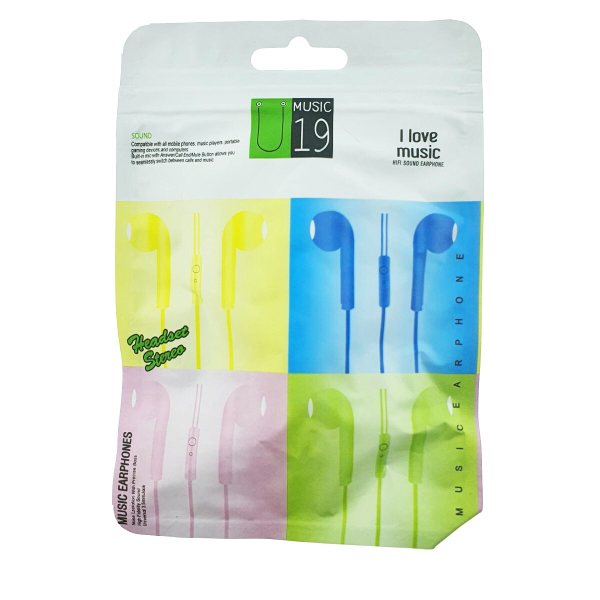 Casti in-ear cu microfon, U19-Y, conector jack 3.5mm, control pe fir, lungime cablu 100 cm, galbene Galben