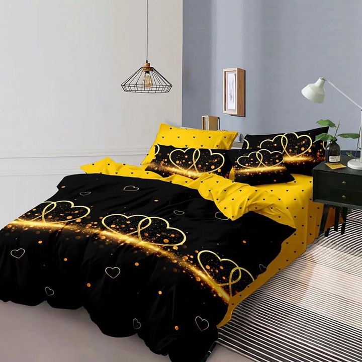 Спално спално бельо от фино двойно памучно бельо 6 части 220 x 240 см, Modern, Yellow Black, Ralex Pucioasa M179