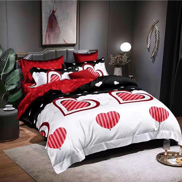 Спално спално бельо от фино двойно памучно бельо 6 части 220 x 240 см, щампа сърце, червено, Ralex Pucioasa M175