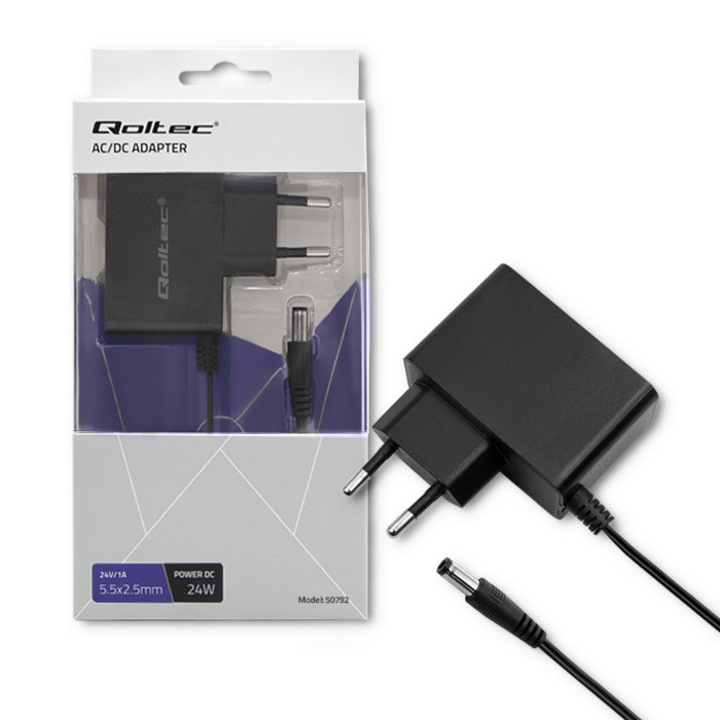 Dugaszoló adapter, Qoltec, 50792, Teljesítmény: 24 W, Kimeneti feszültség: 24 V, Kimeneti áram: 1 A, Kábel hossza: 1,2 m, 60 x 29 x 77 mm
