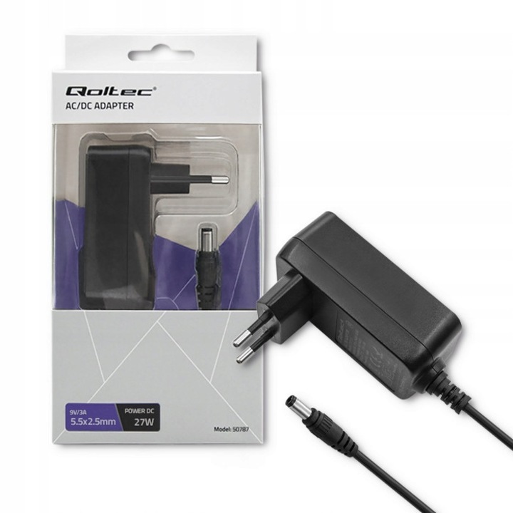 Dugóadapter, Qoltec, 50787, Teljesítmény: 27 W, Kimeneti feszültség: 9 V, Kimeneti áram: 3 A, Csatlakozó: 5,5 * 2,5 mm, Méretek: 80 x 40 x 70 mm