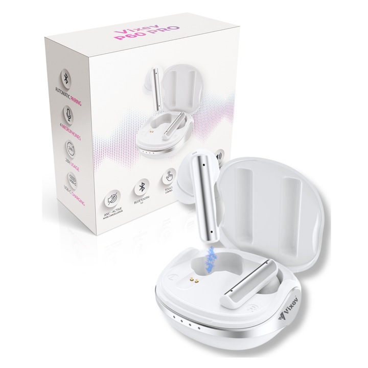 VIXEV Vezeték nélküli fülhallgató, Bluetooth 5.2, kettős mikrofon, HD hívás, ANC környezeti zajszűrés, intelligens LED kijelzővel, érintésvezérlés, automatikus párosítás, fehér