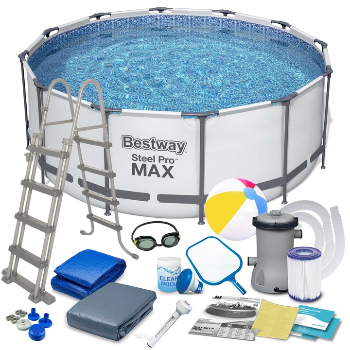Set Piscina de gradina, Bestway, PVC, 366 x 122 cm, 18in1, Multicolor