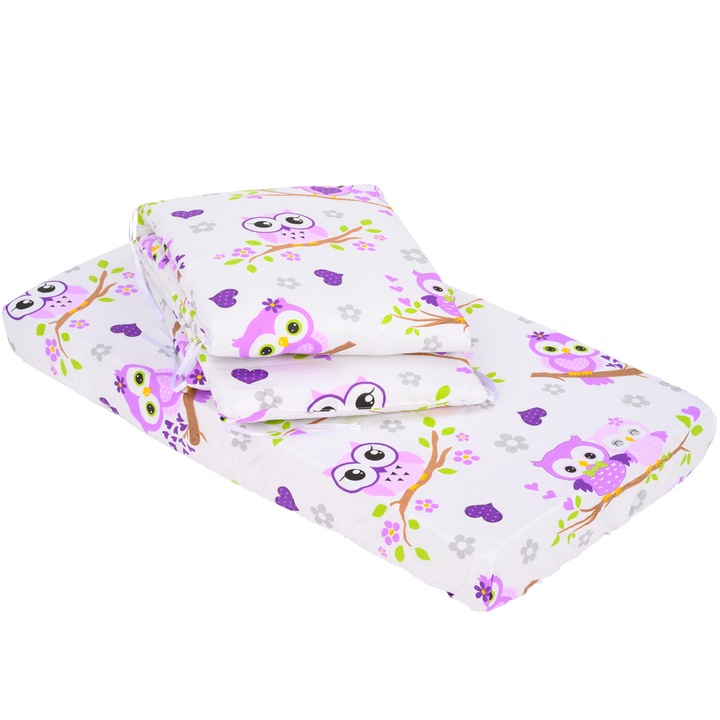 Ágynemű, BabyNeeds, 2 db, Oldalvédővel, Lepedő, Pamut, Kiságyhoz 90x50 cm, Lila baglyok