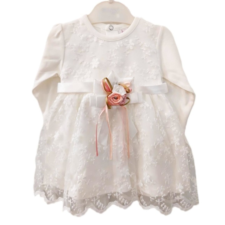 Rochita Eleganta 252, cu Maneca Lunga, din Bumbac, Dantela cu Floricele, Alba, Alb