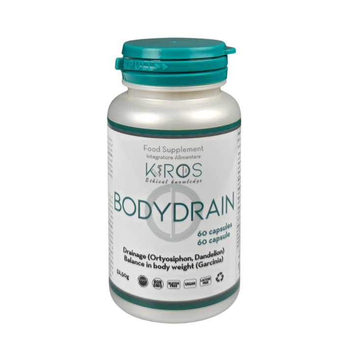 KIROS BODYDRAIN, Supliment Premium pentru Drenaj, Retentie de Apa si Controlul Greutatii, cu Extract de Garcinia, Ceai de Java, Papadie si Silimarina, 60 capsule