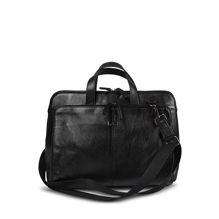 Geanta pentru barbati Hunter, Tip servieta, Cu fermoar, Buzunar dublu, 41 x 17 x 33 cm, Piele naturala, Negru
