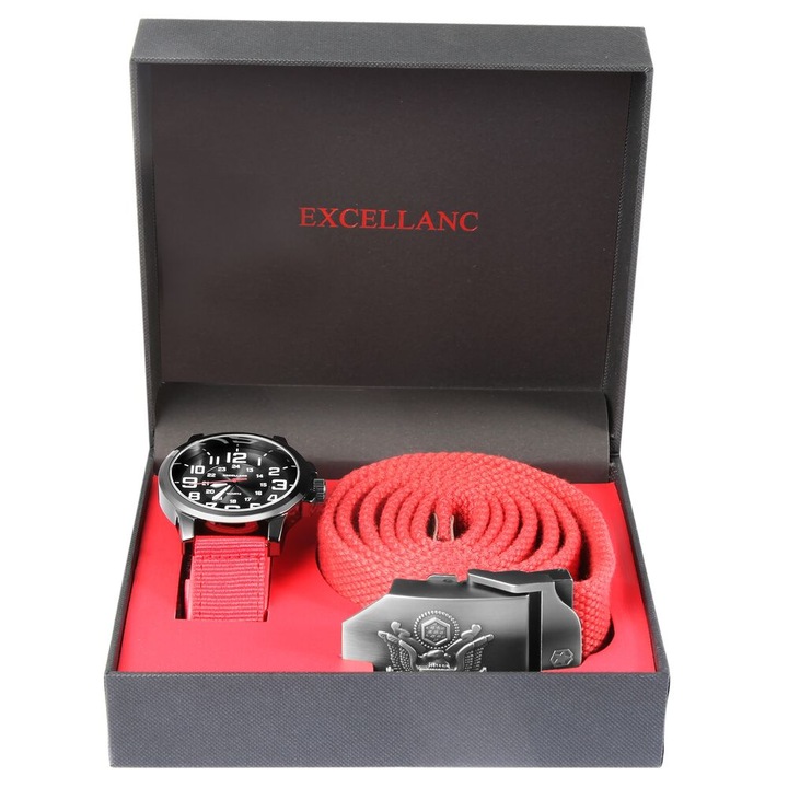 Мъжки подаръчен комплект червен часовник и колан 2 продукта