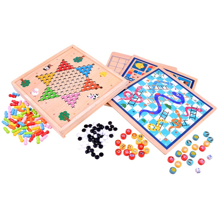 Joc de societate 8 in 1 cu Ludo, Ramiz, Multicolor