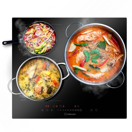Plita incorporabila Turbionaire Feel 60SB3B1, Inductie, 3 zone de gatit, 1 Zona Bridge Dual Combi, Boost, Timer, Control Tactil si Slider, Senzor Pan, Blocare pentru copii, Sticla neagra, 9 niveluri, 60 cm