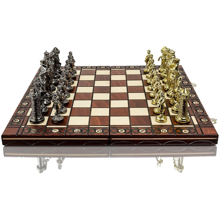 Set de sah Master of Chess, Cu tematica medievala, 41 x 41 cm, Pieste cromate, Plastic, Alb, Maro, Auriu