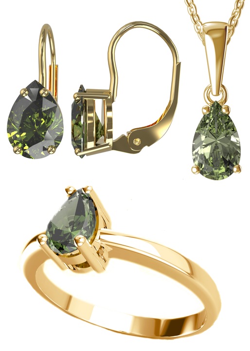 Set bijuterii pandantiv, cercei si inel Verde padure cu vltavin din aur galben